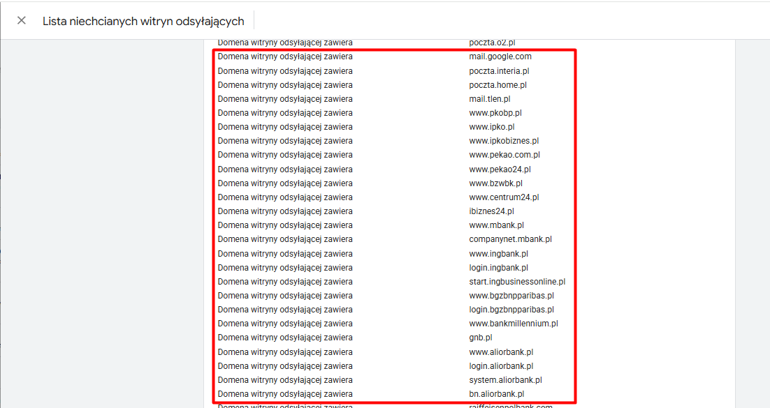 Lista niechcianych witryn odsyłających w GA4