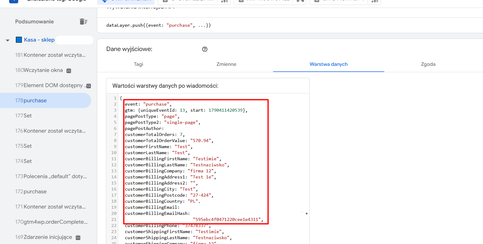 Warstwa danych dataLayer dla zdarzenia purchase