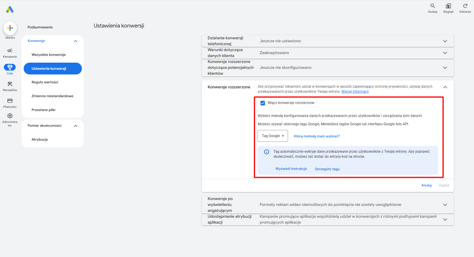 Konfiguracja konwersji rozszerzonych w panelu Google Ads